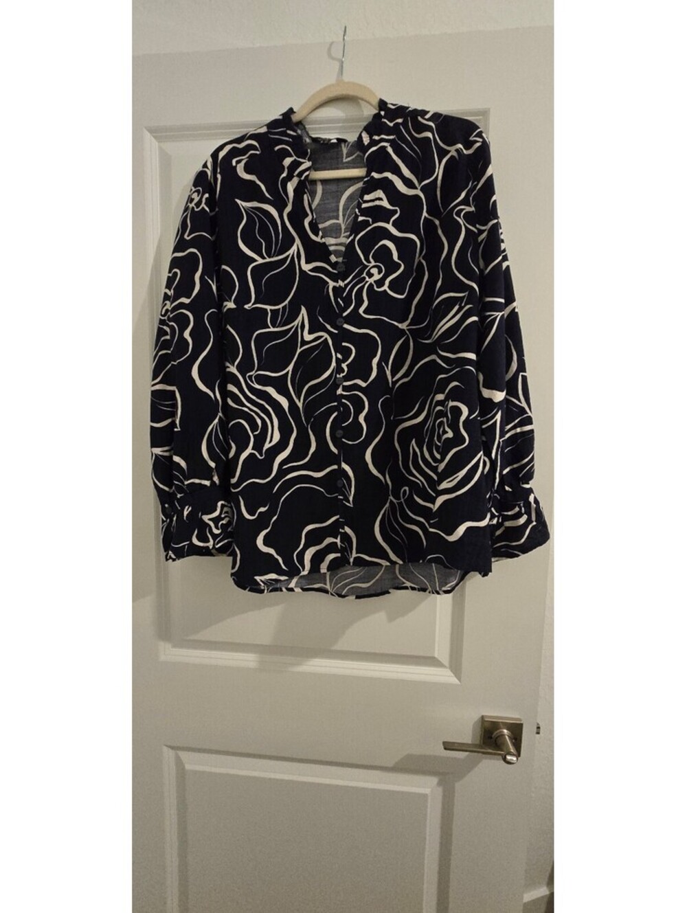 Women's Dark Navy and White Floral Button Blouse with Long Sleeves